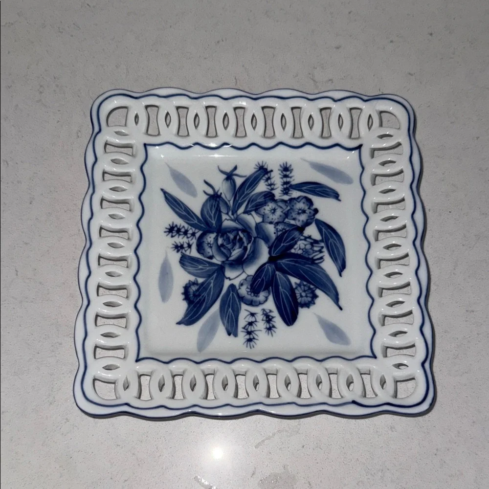 Vintage Blue White Floral Square Reticulated Porcelain Trinket Dish 8.25 Inch